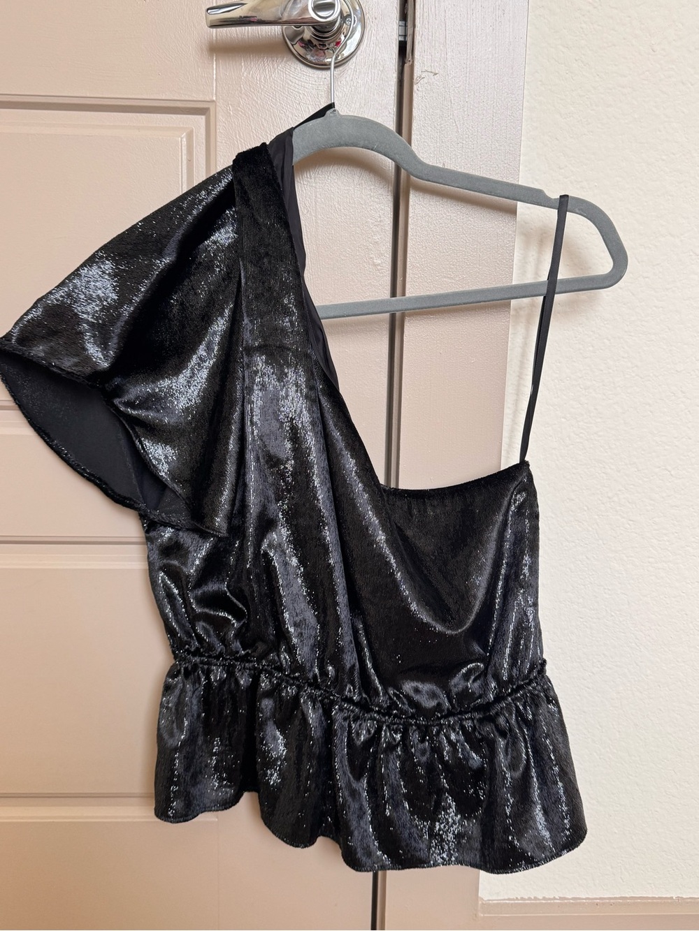 7 For All Mankind Black One-Shoulder Shimmer Peplum Top